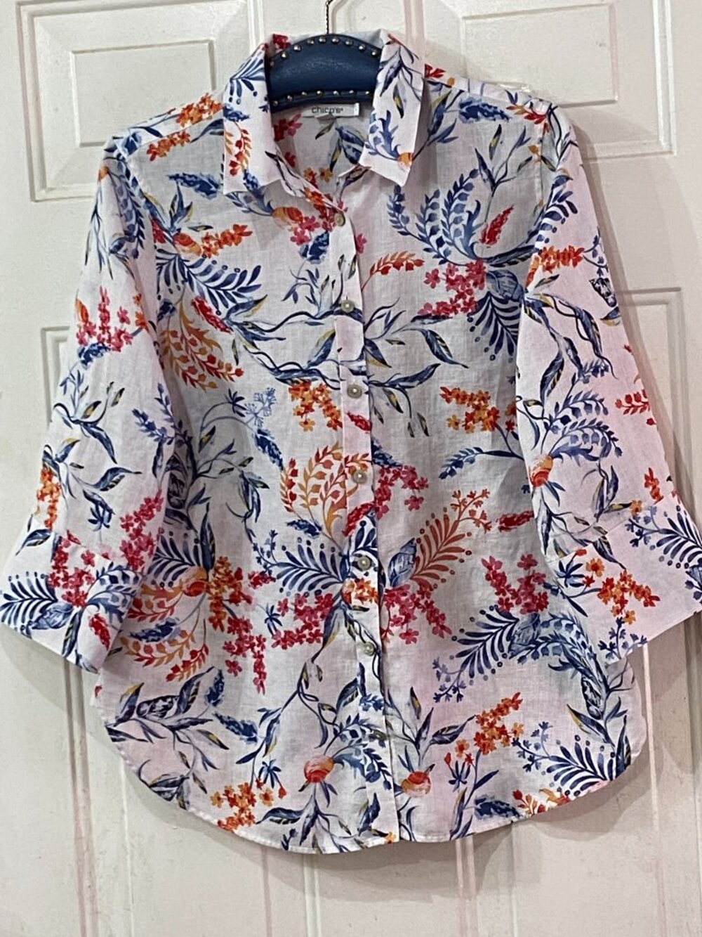 Chico's Linen Women's Sz 1 (M) Blouse Shirt 3/4 Sleeve White/Multi Floral